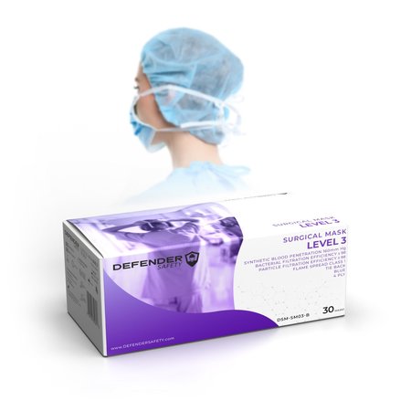 Defender Safety Surgical Mask w Ties ASTM Level 3, 4 Layer, 99 PFE, Medical Grade, FDA 510k Cleared, 30PK DSM-SM03-03